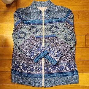 Chico's Blue Bomber Jacket with Intricate Paisley Design